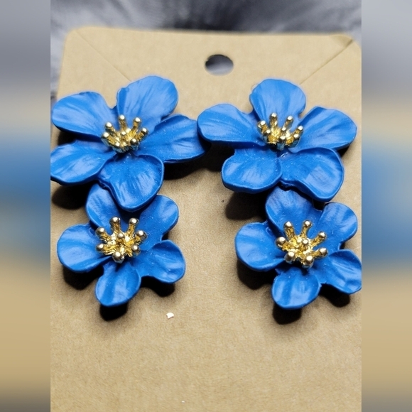 Blue Matte Finish 2-Tier Flower Earrings - Picture 1 of 2